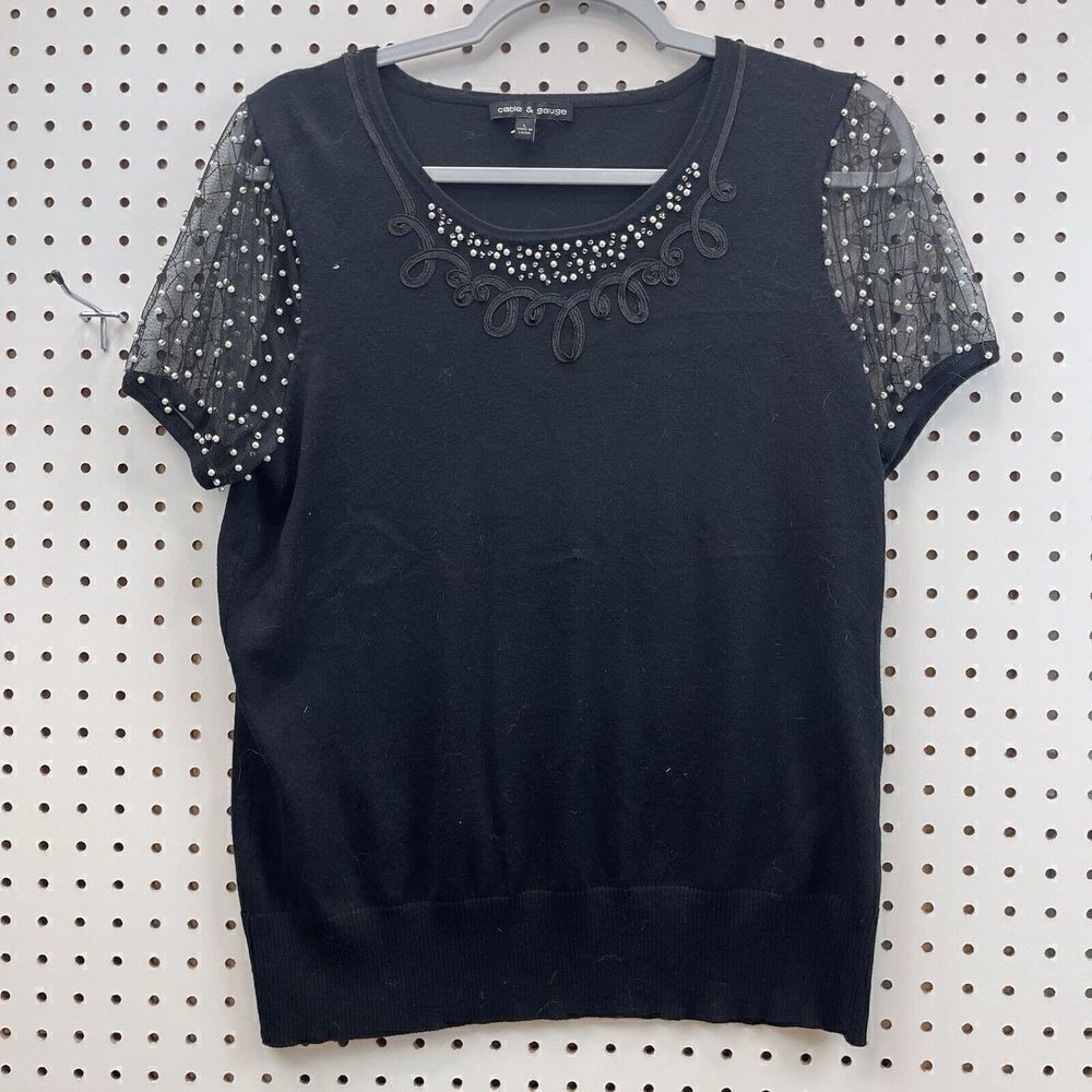 Cable & Gauge Beaded Top Womens Size L Large Black Mesh Pearl Sleeves